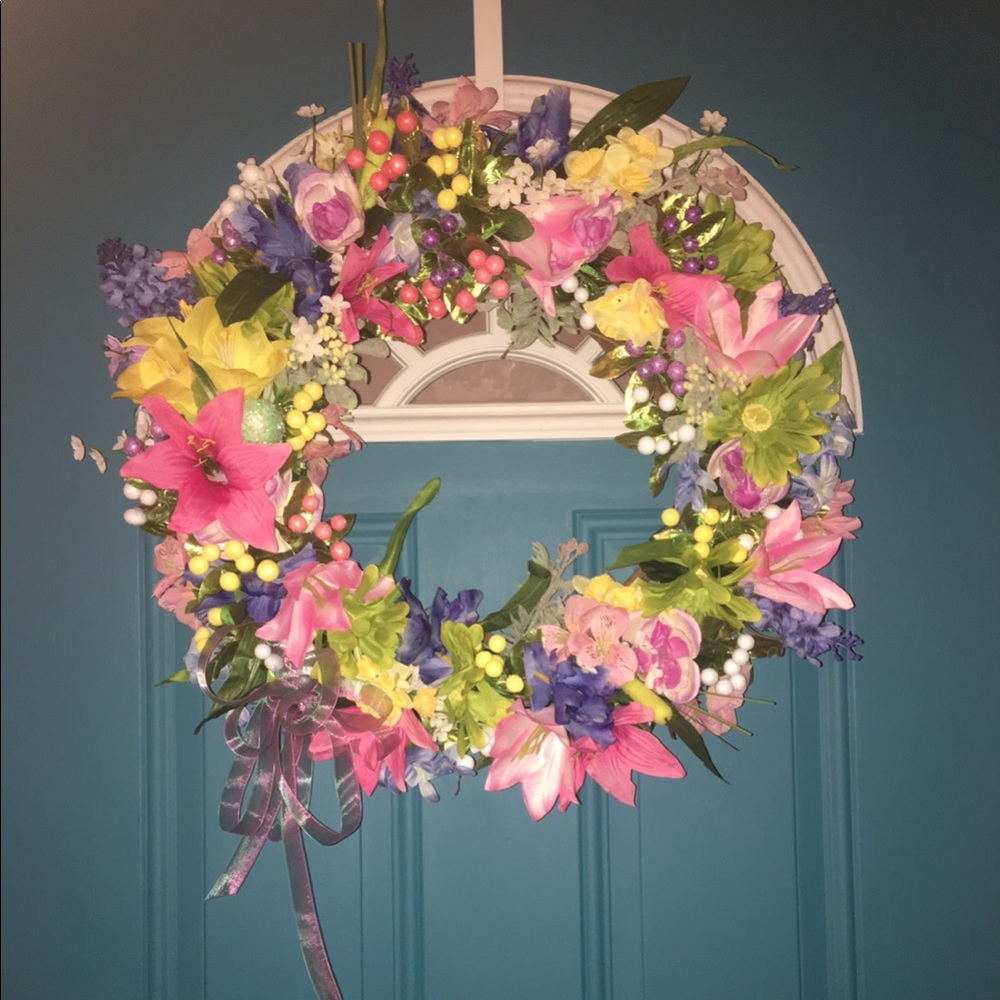 Colorful spring wreath- lots of floral accents